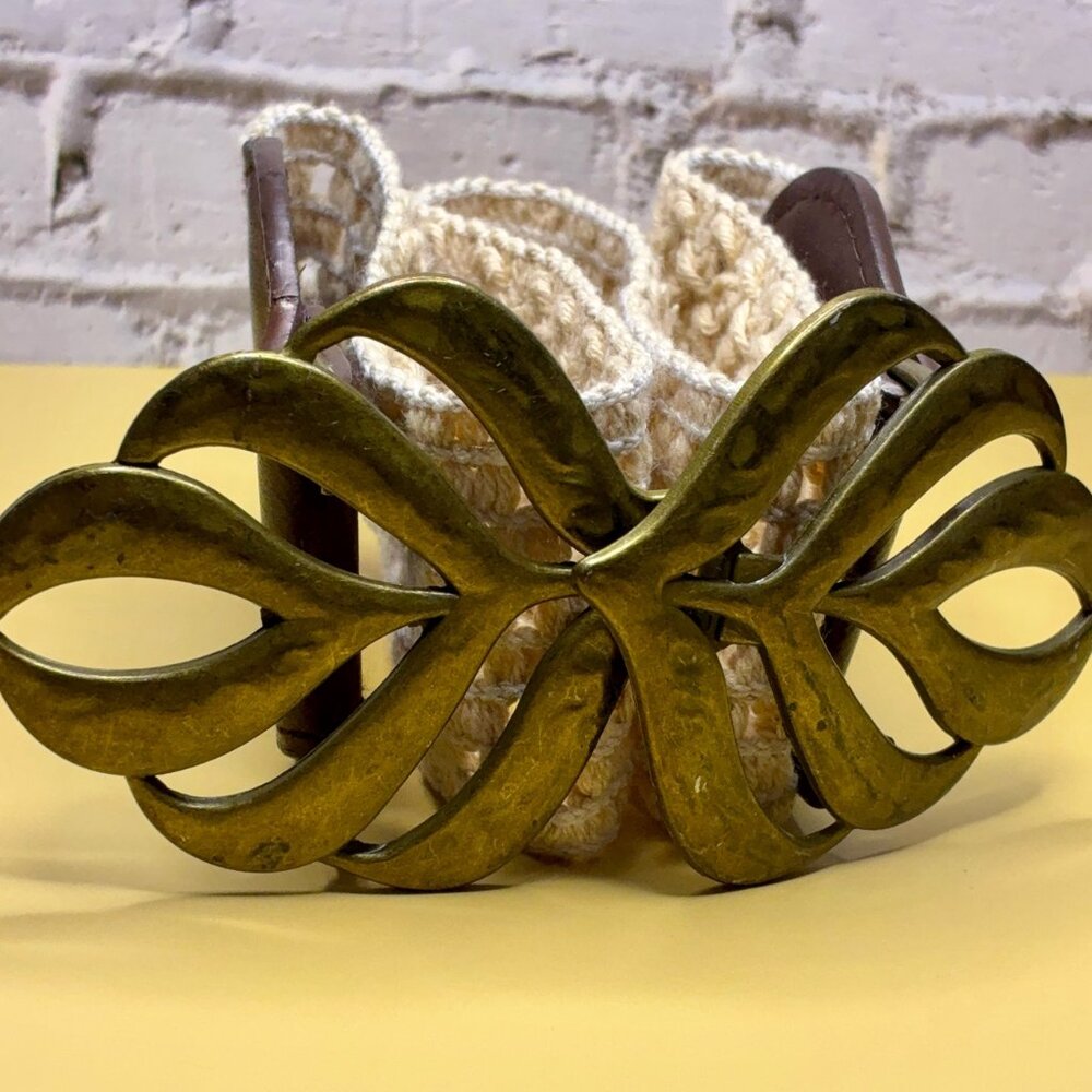 VINTAGE CROCHET BELT WITH OVERSIZED BRASS BUCKLE